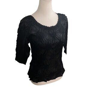 WD.NY Women's Black Textured 3/4 Sleeve Top M Polyester
